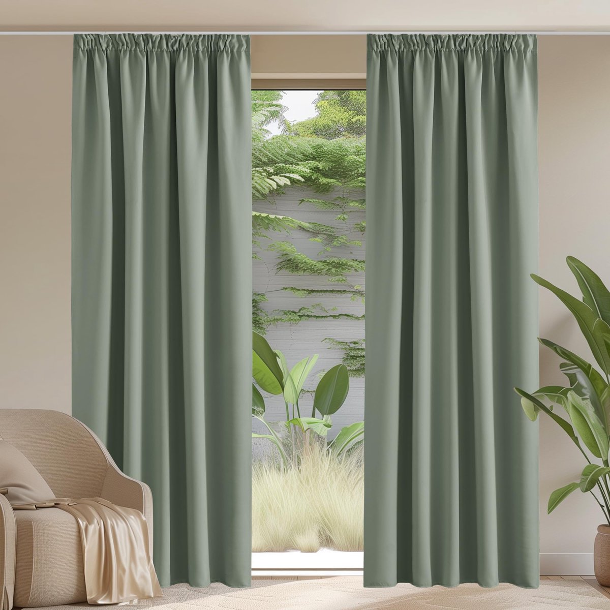 Unyqoos Set van Twee Thermo Verduisteringsgordijnen voor Woonkamer met Plooiband, Saliegroen, 245 x 140 cm
