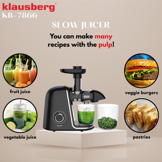 Klausberg Slow Juicer KB-7866 - 150W - Cold Press - Stille Juicer - Groenten en Fruitpers - Met Pulpreservoir - Zwart met Zilveren Accenten van Klausberg — afbeelding 3