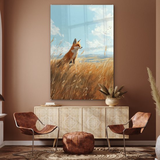 MuchoWow® Glasschilderij 120x180 cm - Schilderij acrylglas - Vos - Gras - Wolken - Oranje - Foto op glas - Muurdecoratie woonkamer - Wanddecoratie slaapkamer - Schilderijen