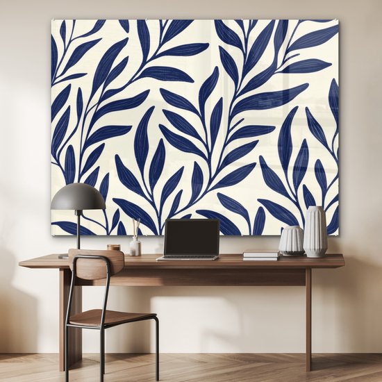 MuchoWow® Glasschilderij 160x120 cm - Schilderij acrylglas - Bladeren - Klimop - Donkerblauw - Foto op glas - Muurdecoratie woonkamer - Wanddecoratie slaapkamer - Schilderijen