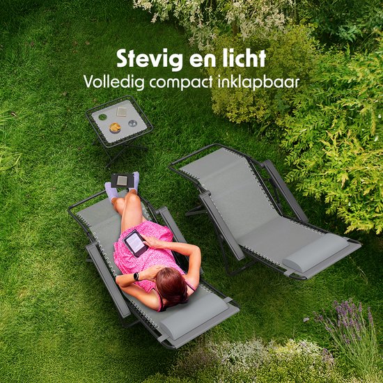 LifeGoods Ligstoelen - Opvouwbaar - Complete set - Met Bijzettafel - 30°-90° Verstelbaar - Tuinstoelen - Metaal - Grijs van Merkloos — afbeelding 3