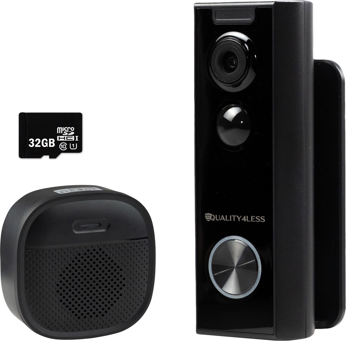Quality4Less™ - Slimme Draadloze Video Deurbel met camera - Ultra HD - Wifi deurbel - Zonder abonnement - Incl. draadloze gong en 32GB SD-Kaart - Zwart