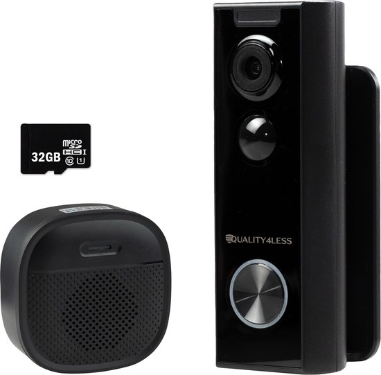 Quality4Less™ - Slimme Draadloze Video Deurbel met camera - Incl. draadloze gong en 32GB SD-Kaart - Ultra HD - Wifi deurbel - Geen abonnement nodig - Zwart