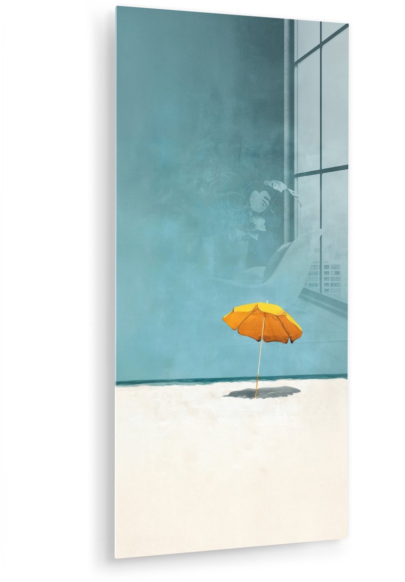 MuchoWow® Glasschilderij 80x160 cm - Schilderij acrylglas - Parasol - Geel - Strand - Zee - Foto op glas - Muurdecoratie woonkamer - Wanddecoratie slaapkamer - Schilderijen