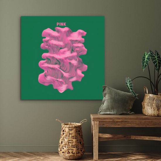 Aluminium schilderij 90x90 cm - Wanddecoratie metaal - Abstract - Pink - Lijnen - Groen - Metalen muurdecoratie woonkamer - Decoratie industrieel - Foto op dibond - Industriële accessoires slaapkamer