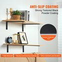 Twee houten planken gemonteerd met matzwarte L-vormige plankdragers. Anti-slip coating, sterk draagvermogen.