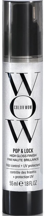Fles met zilverkleurige glitters en de tekst 'POP & LOCK HIGH GLOSS FINISH FRIZZ CONTROL + UV PROTECTANT'.