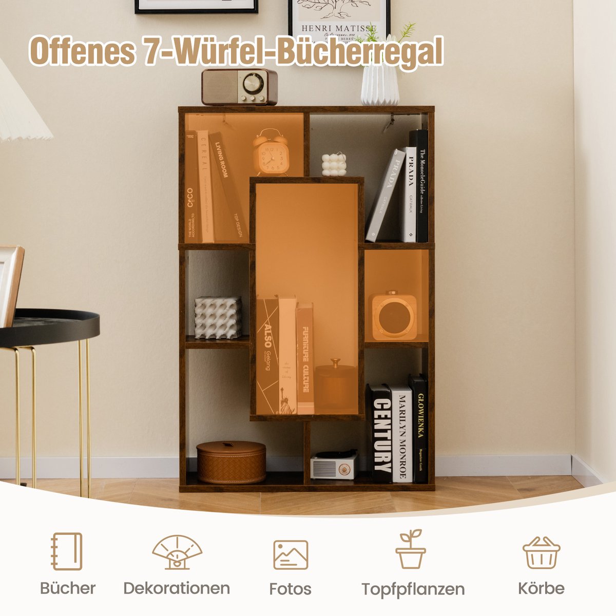 COSTWAY 120 cm boekenkast met 9 vakken, staande plank, ruimteverdeler, geometrisch, hout COSTWAY 120 cm boekenkast met 9 vakken, staande plank, ruimteverdeler, geometrisch, hout
