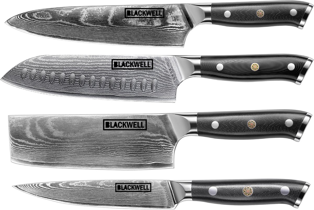 Blackwell Messenset Damascus - 4-delig Koksmes Santokumes Nakirimes Officemes - 67 Lagen Damaststaal VG10 - Ergonomisch Handvat