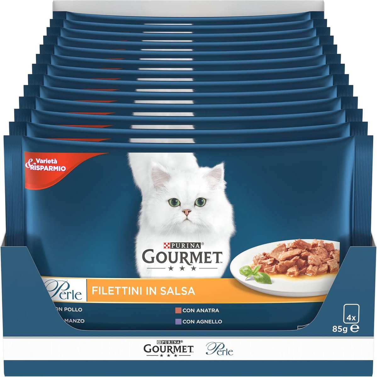 Kattenfilets in saus met rundvlees, kip, lam en eend - 48 zakjes à 85 g