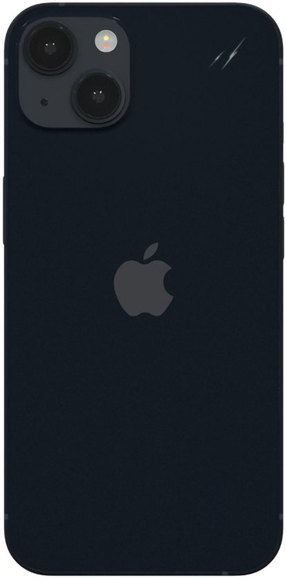 Achterzijde van een zwarte iPhone 13 mini met Apple logo en dubbele camera.