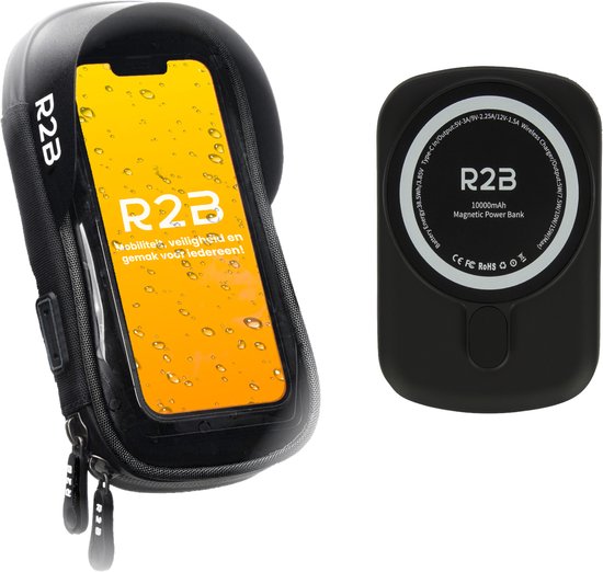 R2B Telefoonhouder Fiets Waterdicht + Powerbank 10.000 mAh - 2 tot 4 keer opladen - Geschikt voor Magsafe - Powerbanks - Gsm Houder Fiets - Fietshouder - Power Bank - Fiets Telefoonhouder - Phone Holder Bike