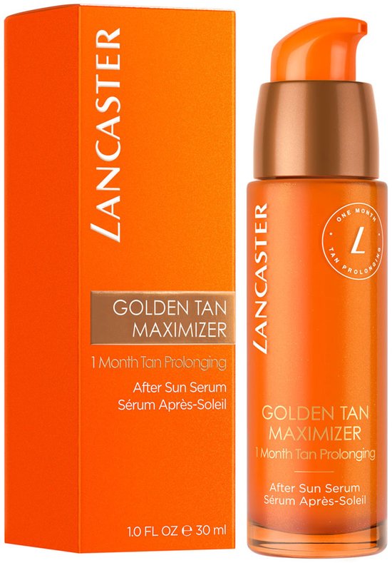 Lancaster Golden Tan Maximizer serumflesje met pompje. Oranje doosje met tekst.