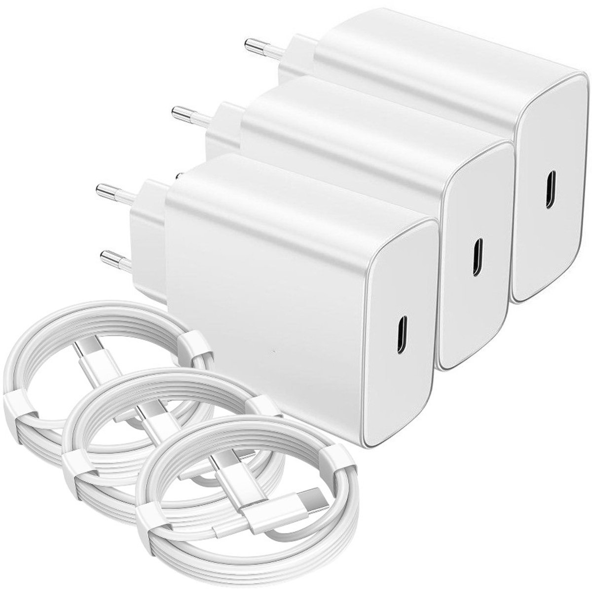 USB C Snellader 45W + USB-C Kabel 3M - 3 Pack - Oplader - Fast Charger USB-C-Adapter - Wit