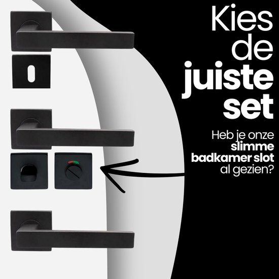 Drie matzwarte deurklinken met rozetten. Eén met sleutelrozet, één met badkamerslot.
