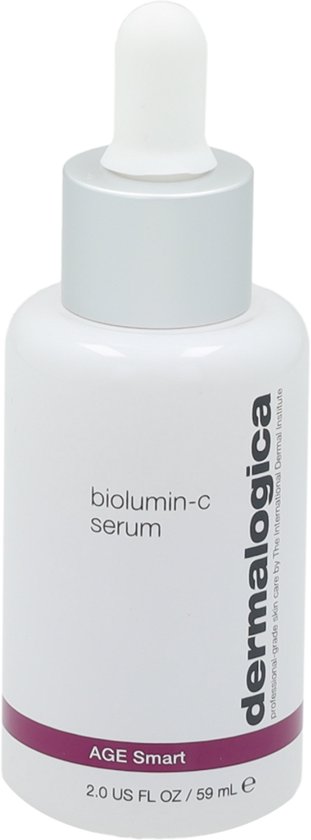 Dermalogica Biolumin-C serum flesje met zilverkleurige dop en paarse band.