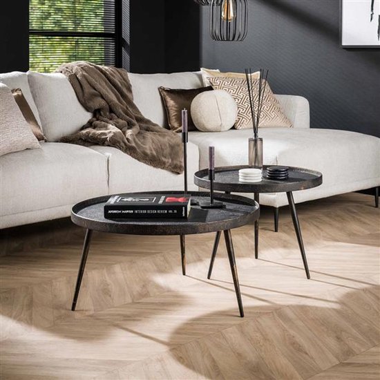 Table basse à bord surélevé (Set de 2) - 76 cm x 76 cm x 40 cm - Table basse ronde - Table basse industrielle - Table de salon - Tables basses industrielles - Table basse rustique - Table basse en bois et métal - Table d'appoint ronde - Coffee