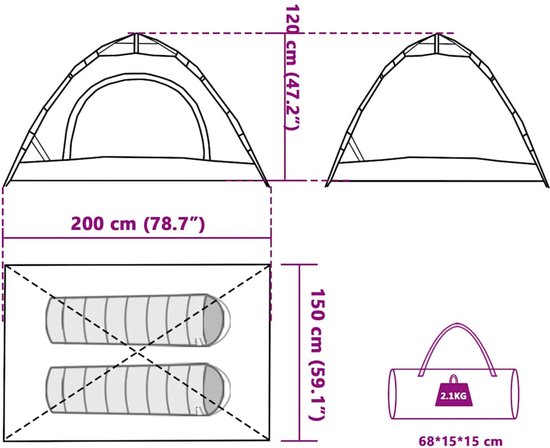 vidaXL - Tent - 2-persoons - snelontgrendeling - blauw van Vidaxl — afbeelding 3