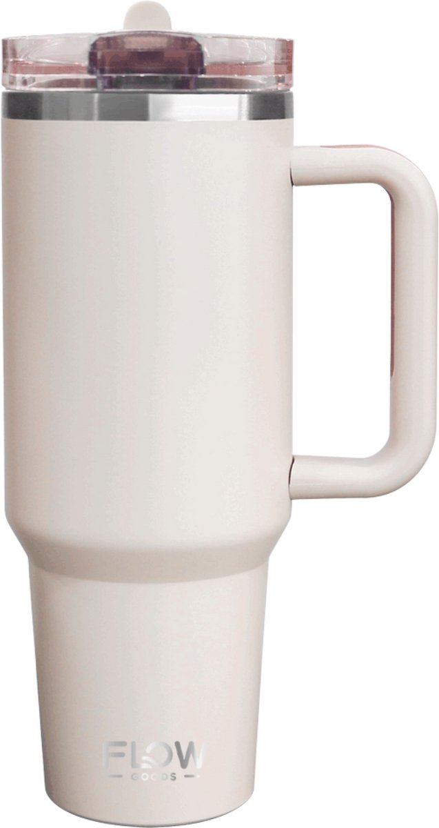 Flow Goods Flip Straw Tumbler - Pastel Roze – Thermosbeker met Handvat – 100% Lekvrij - Drinkfles met Rietje – 1.2 Liter – Thermosbeker – Travel Mug