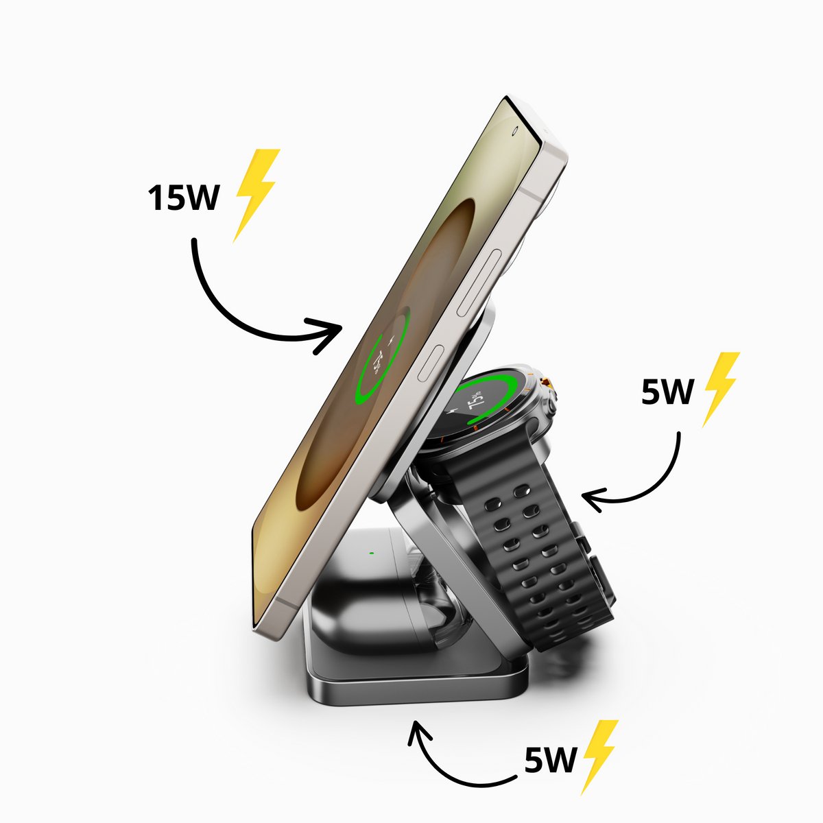 Cubenest SQS312 Pro - 3-in-1 Draadloze Oplader - 35 W Snellader - Qi2.2 Oplaadstation - Opvouwbaar - Geschikt voor Samsung en Apple smartphones - Buds en Airpods - Galaxy Watch - grijs – foto 2