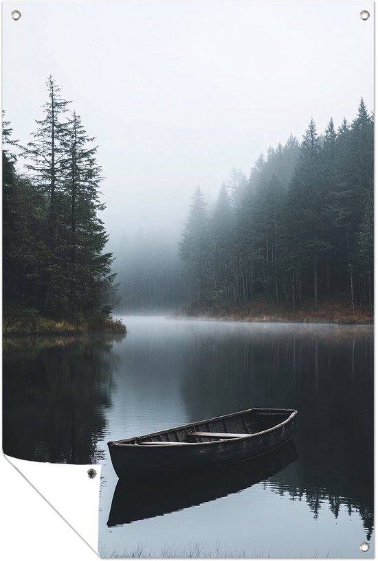 Finse Roeiboot Roeiboot in mistig boslandschap - Natuur tuinprint - Tuinversiering ...