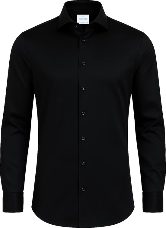Vercate - Strijkvrij Overhemd - Zwart - Slim Fit - Katoen Satijn - Lange Mouw - Heren - Maat 44/XL