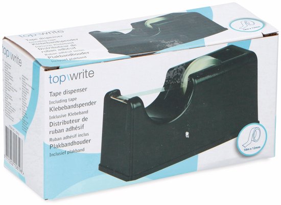 Verpakking van zwarte Top Write plakbandhouder met rol plakband. Tekst: Tape dispenser, Including tape.