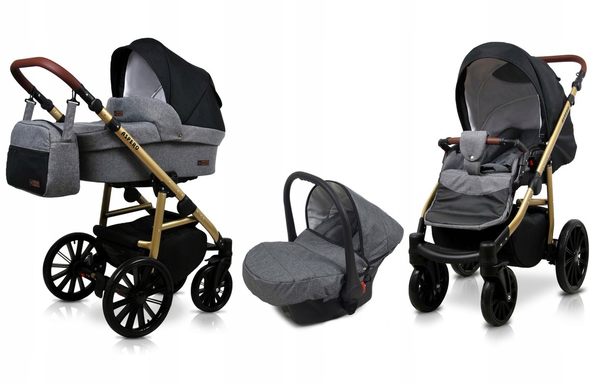 BabyLux® Kinderwagen 3in1 – ASPERO - GREY FLEX BLACK - Opklapbare Wandelwagen incl. Reiswieg, Multifunctionele Buggy Sportstoel, Autostoel - Combi-kinderwagen met Luiertas, Regenhoes, Klamboe, Bekerhouder, etc.