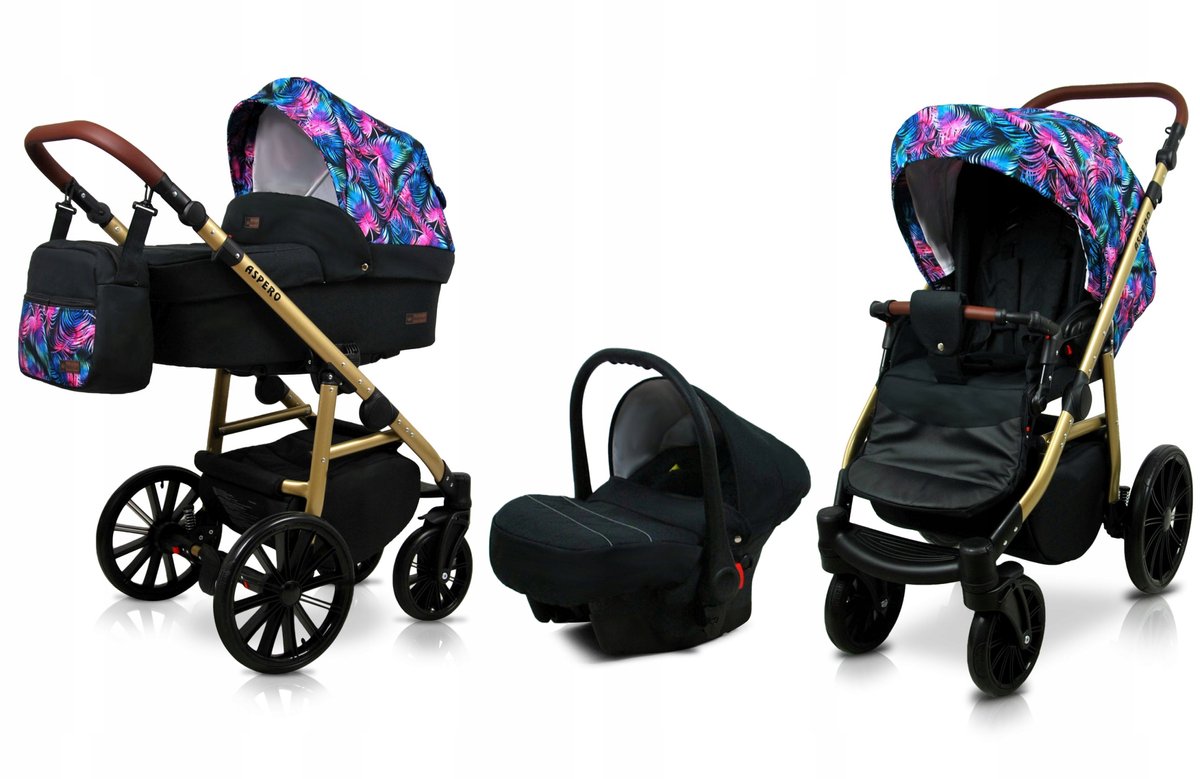 BabyLux® Kinderwagen 3in1 – ASPERO - COLORFUL FEATHERS - Opklapbare Wandelwagen incl. Reiswieg, Multifunctionele Buggy Sportstoel, Autostoel - Combi-kinderwagen met Luiertas, Regenhoes, Klamboe, Bekerhouder, etc.