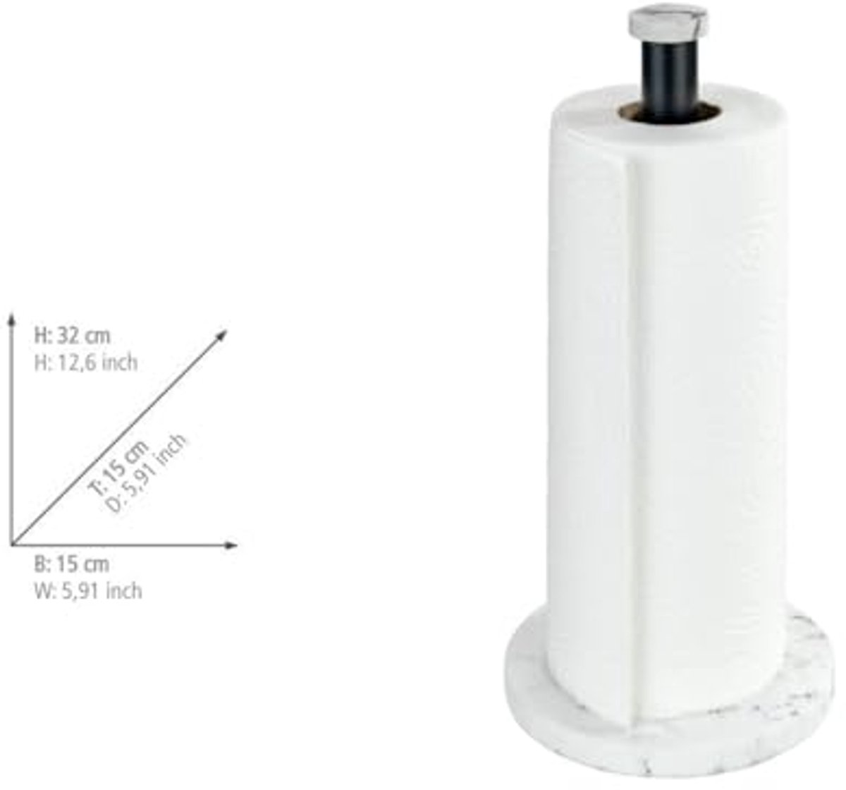 Keukenrolhouder marmer, staande houder voor keukenrollen in elegante marmeren look voor de keuken, met bodem van kunststof en zwarte stang van metaal, (b x d x h): 15 x 32 cm, wit