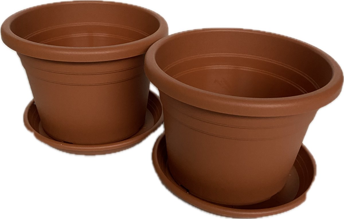 Set van 2 stuks - Bloempotten met Onderzetters - Plantenpot met Schotel - 20 x 14 cm - Kunststof - Terracotta