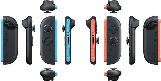 Verschillende aanzichten van de blauwe en rode Nintendo Switch Joy-Con controllers en hun accessoires.