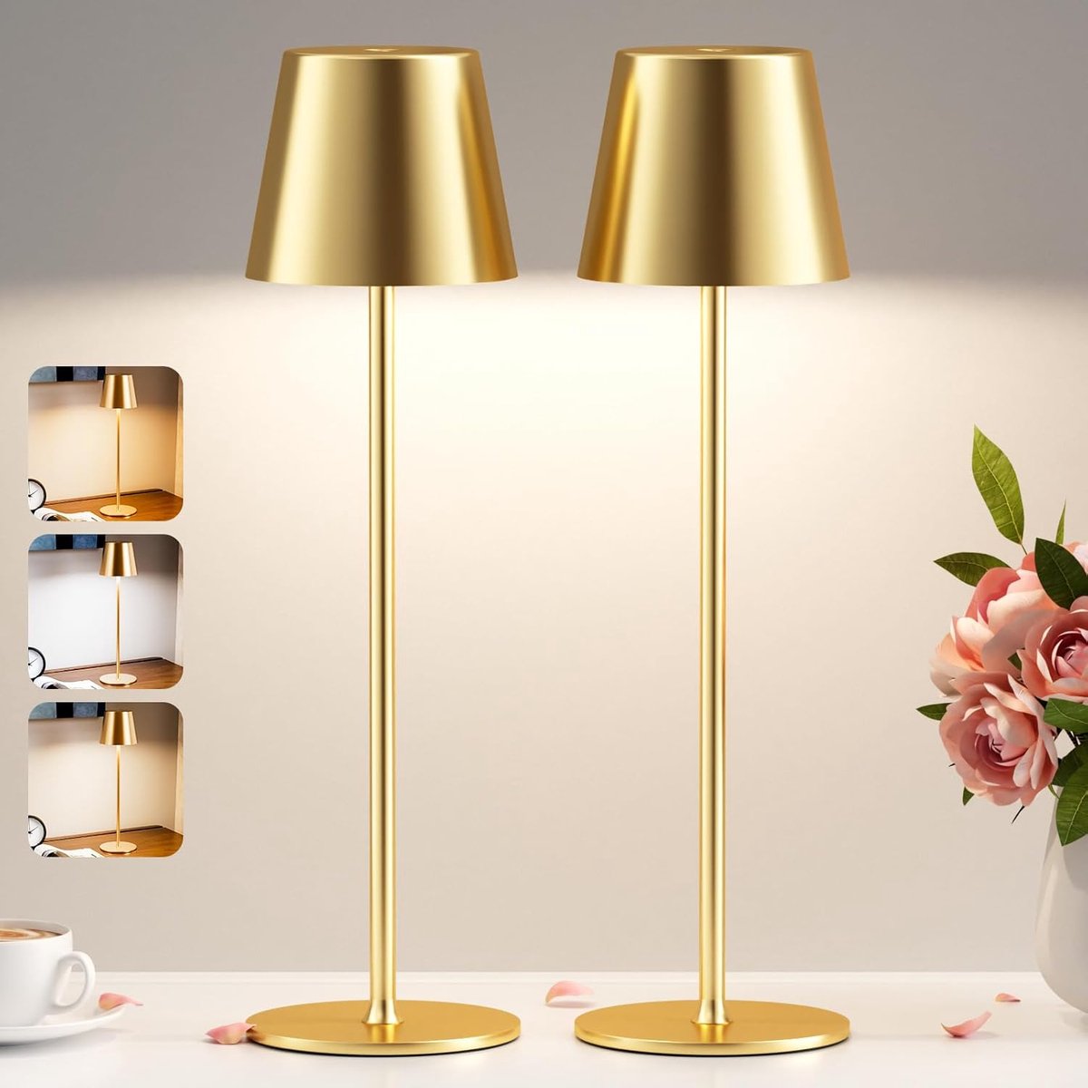 Tafellamp, draadloos, led-tafellamp, accu, dimbaar, set van 2 met 3 kleurtemperaturen, traploos dimbaar, touch-lamp met USB-C, oplaadbaar voor buiten, nachtkastje, eettafel, camping (goud) [Energieklasse E]