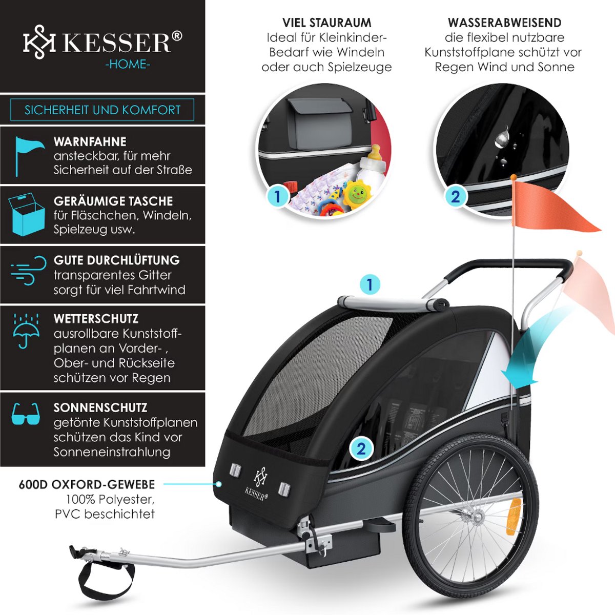 KESSER® Kinderfietskar Sport-RX 2 in 1 Joggerfunctie Kinderfietskar + 5-puntsveiligheidsgordel