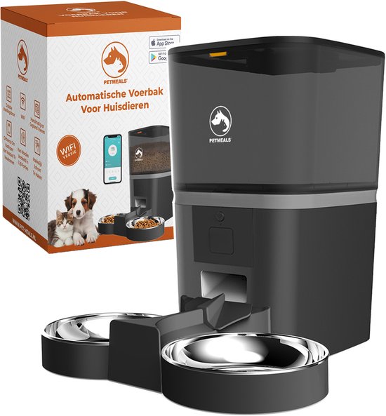 PetMeals.nl Automatische Voerbak Kat en Hond - Twee Voerbakken - met App - 6 L - Zwart