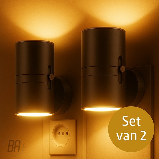 Best Active Nachtlampje Stopcontact - 2 stuks - Dag- en Nachtsensor - Stekkerlampen - 10,7 x 9,3 cm - Volwassenen - Boven en Onder Verlichting - Dimbaar - Stekkerspot - Nachtlamp - Zwart