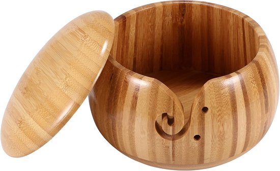Bamboe garenkom - Handgemaakte opbergkom voor breigaren - Met afneembaar deksel en gaten - Breikom - Wolstandaard - Geschikt voor breien, haken en woondecoratie - Houtkleur - Diameter 15,5 cm x 9,5 cm hoogte