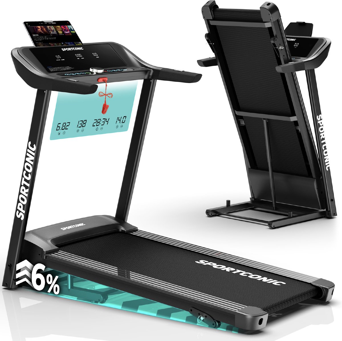 Sportconic Loopband 1-14 km/u – Loopband Inklapbaar – Professionele Loopband voor Thuis – 12 Programma's – Met Hellingfunctie – Incl. Tablethouder en LED-display - Ruim loopoppervlak - Stevig ontwerp