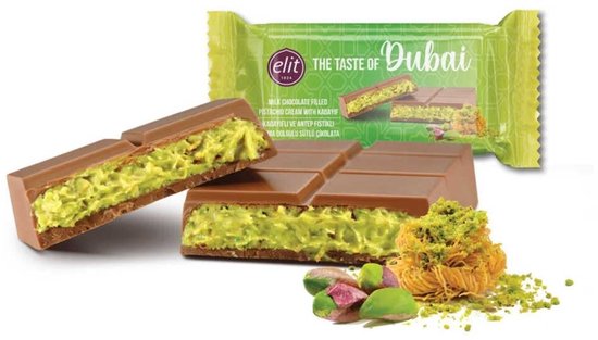 Elit Kadayif kunafah en Antep Pistachecreme Gevulde Dubai chocolade Reep Melkchocolade 90gr - Dubai Chocolate Filled with Kadayif and Pistachio Cream Milk Chocolate 90gr