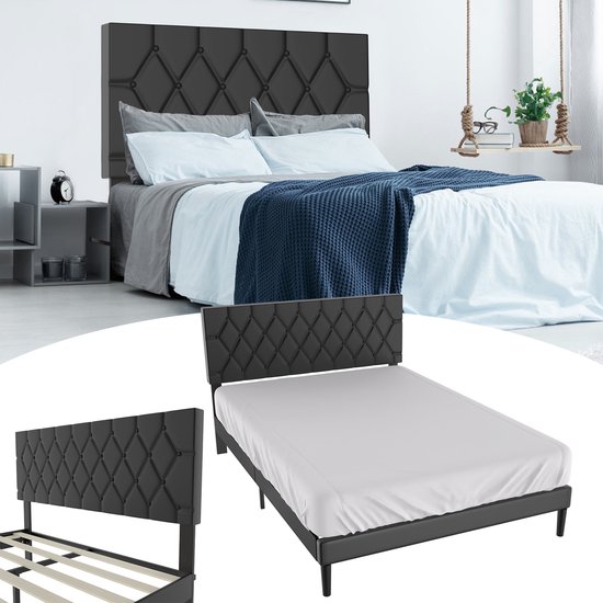 Lit rembourré avec tête de lit en cuir, cadre de lit avec sommier à lattes, cadre de lit avec support à lattes en bois, montage facile avec outils d'installation, jusqu'à 300 kg, noir, 140 x 200 cm
