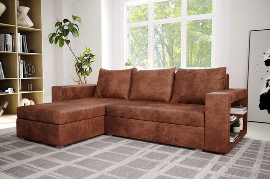 Hoekbank Alexandra met slaapfunctie en opbergruimte- microvezelstof vintage bruin- hoeksalon met bed en opbergruimte- universele lounge- zetelsenbedden