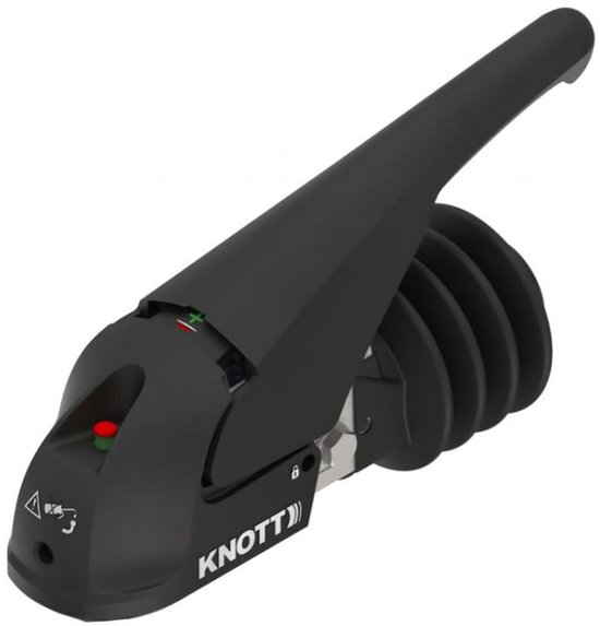 Zwarte KNOTT stabilisatorkoppeling met rode en groene indicatorlampjes en een ontgrendelingshendel.