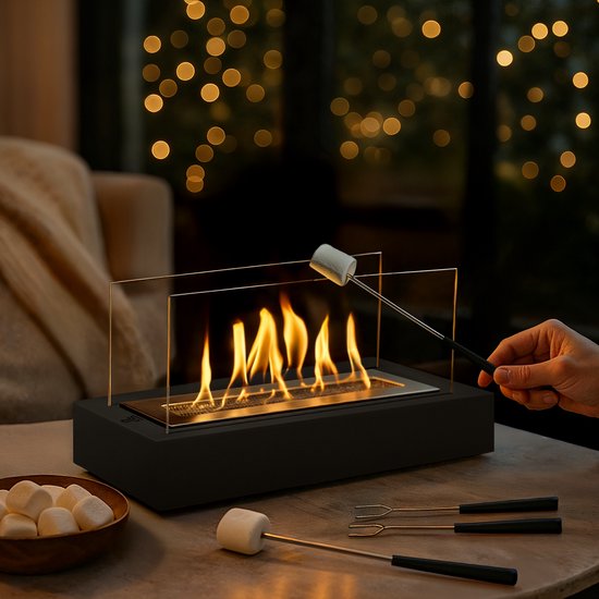 Double T Concept® Juno Zwart - Brand Tot Wel 150 Minuten - Bio Ethanol Sfeerhaard - Tafelhaard - Vuurkorf - Terrashaard - Verwarming - 41x16x21cm