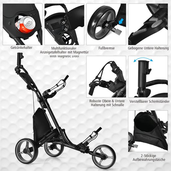 COSTWAY 3 Wielen Golf duwkar, Snel vouwen Golf Lopend Duwkar, Golftas Houder Met Tin Folie Gecoat Opbergtas, Elastische Riem, Verstelbare Paraplu & Beker Houder, Scorebord Opbergvak & Voetrem, Golftrolley voor Golfclubs — afbeelding 2