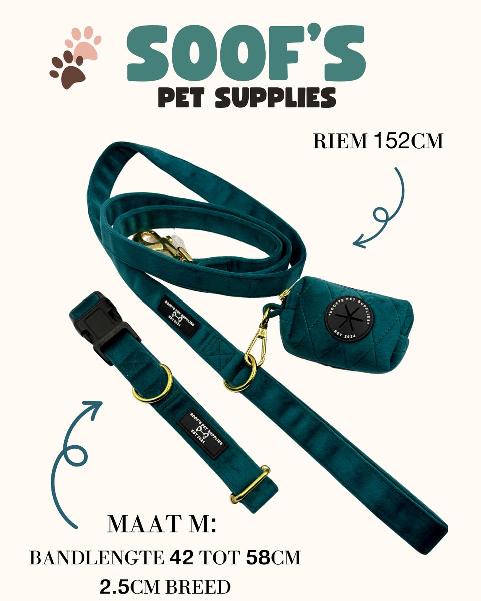 Complete set halsband, riem en poepzakhouder - Volledige hondenset - Soof's Pet Supplies - Maat M Emerald Blue - Nekomvang: 42 t/m 58 cm Hondenhalsband en lijn - Halsband en riem voor hond - Hondenbenodigdheden