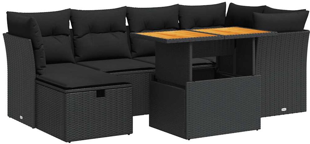vidaXL 7-delige - Loungeset - met - kussens - poly - rattan - acacia - zwart beige