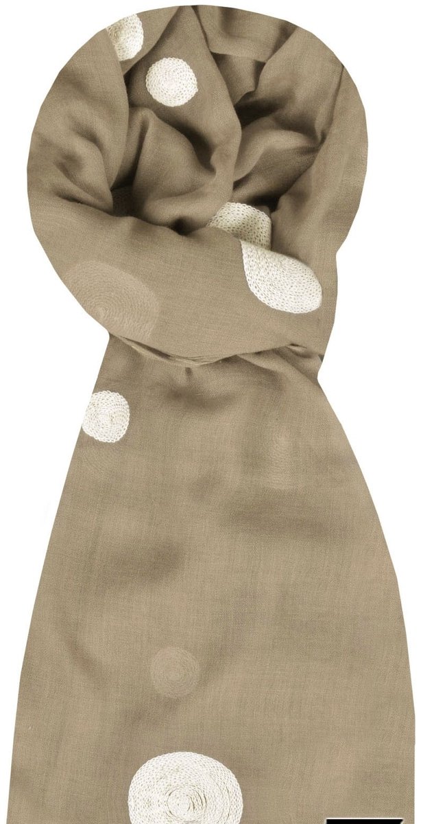 Sjaal- Taupe -geborduurde crème kleurige cirkels- trendy - natuurlijke materialen