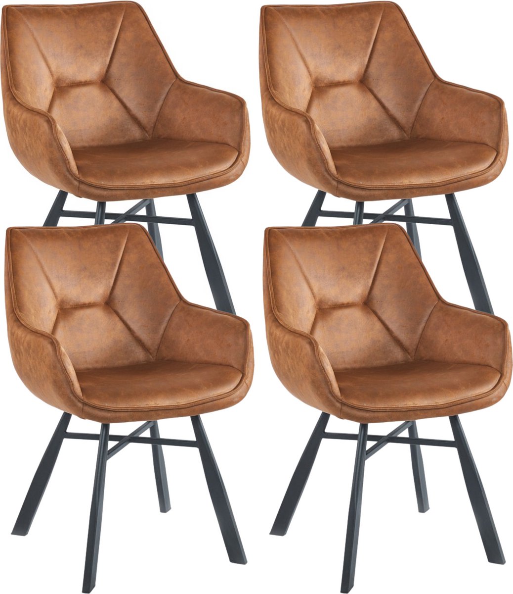 Colenis Solido Eetkamerstoel - Set van 4 - Cognac - Microfiber Stof - Industrieel - Met armleuning - Stoel