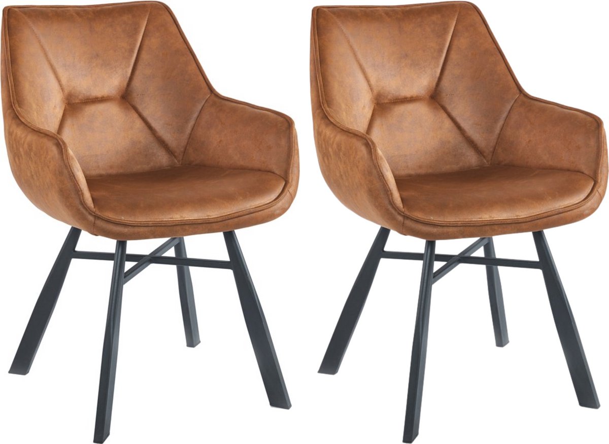 Colenis Solido Eetkamerstoel - Set van 2 - Cognac - Microfiber Stof - Industrieel - Met armleuning - Stoel