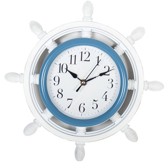 Horloge murale 33 cm volant / gouvernail blanc avec bleu - Horloges - Horloges Horloges murales/ horloges murales avec thème nautique / mer